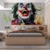 Vibrant comic book-style clown illustration with colorful background.