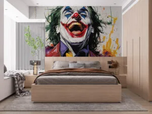 Vibrant comic book-style clown illustration with colorful background.