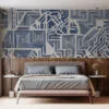 Abstract geometric design with cobalt blue lines on a cream background