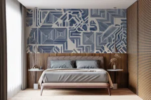 Abstract geometric design with cobalt blue lines on a cream background||