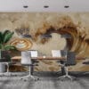 A captivating coffee cup with latte art against a swirling wave-like background.