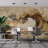 A captivating coffee cup with latte art against a swirling wave-like background.||