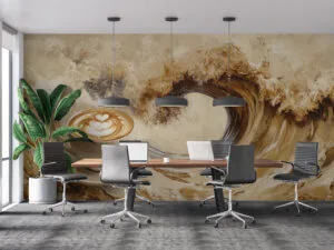 A captivating coffee cup with latte art against a swirling wave-like background.