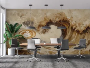A captivating coffee cup with latte art against a swirling wave-like background.||