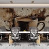 Abstract artwork featuring a coffee cup surrounded by splashes of color.