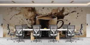Abstract artwork featuring a coffee cup surrounded by splashes of color.
