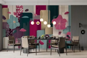 Abstract floral design in pink|teal|and cream