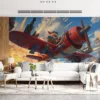 Corki flying an aircraft over a colorful cityscape in League of Legends||