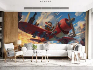 Corki flying an aircraft over a colorful cityscape in League of Legends
