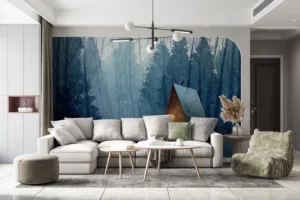 Cozy cabin in a winter woodland setting with a warm glow from the windows.||