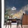 Cozy camping scene with tent under starry night sky||