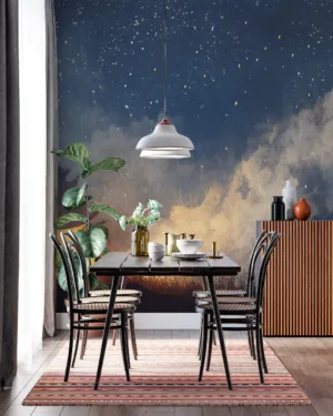 Cozy camping scene with tent under starry night sky||