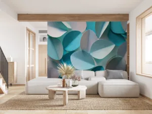 Abstract design of layered petal-like shapes in cyan and turquoise||