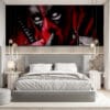 Deadpool in red and black suit with katana swords posed in secrecy