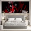 Deadpool in red and black suit with katana swords posed in secrecy||