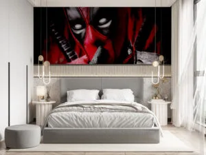 Deadpool in red and black suit with katana swords posed in secrecy