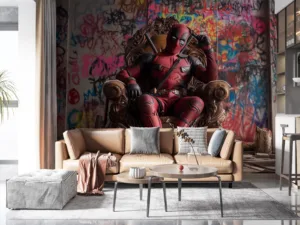 Deadpool seated on an ornate throne surrounded by colorful graffiti.||