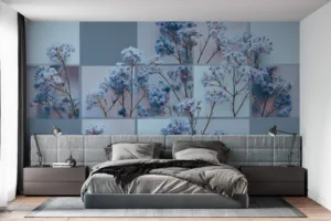 Collection of delicate blue flowers arranged in a grid pattern||