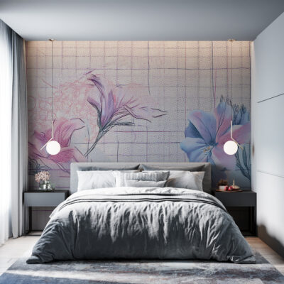 Artistic floral mural in soft pastel colors