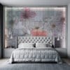 Floral sketches in pastel colors with a structured grid background.