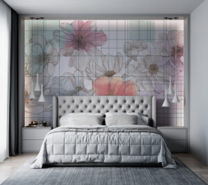 Floral sketches in pastel colors with a structured grid background.