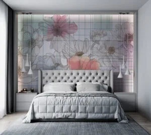 Floral sketches in pastel colors with a structured grid background.