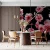 Close-up view of delicate pink blossoms on a black background||