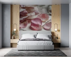 A collection of rose petals scattered on a textured surface.||