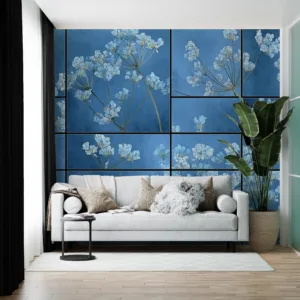 Collage of delicate wildflowers on a blue background||