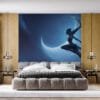 Diana from League of Legends leaping through a night sky under a crescent moon.