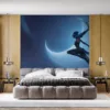 Diana from League of Legends leaping through a night sky under a crescent moon.||