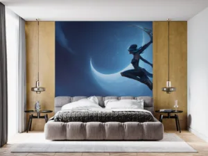 Diana from League of Legends leaping through a night sky under a crescent moon.||