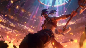 spinning his axe in a vibrant arena.
