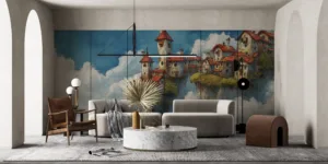 Fantastical village on a cliff surrounded by clouds||