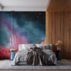 A dreamy night sky with colorful flowers under a starry backdrop.