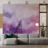 Dreamy staircase leading into a colorful cloud-filled sky||