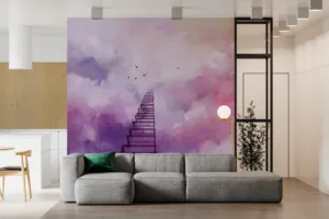 Dreamy staircase leading into a colorful cloud-filled sky||