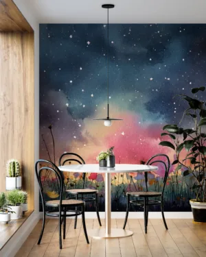 Watercolor landscape of flowers under a starry sky||