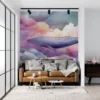 Stylized whale floating in a colorful abstract sky with clouds||