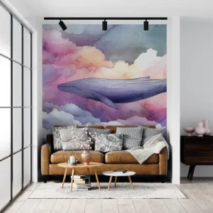 Stylized whale floating in a colorful abstract sky with clouds||