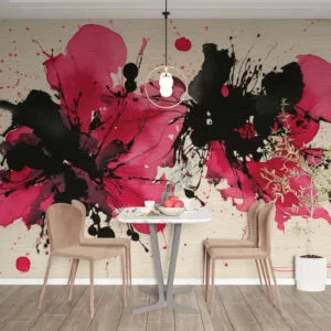 Abstract watercolor painting with dynamic pink and black splashes.