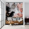 Elegant abstract floral design in black and soft pink with gold accents.