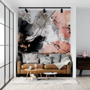 Elegant abstract floral design in black and soft pink with gold accents.||