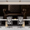 High-end barber chair with quilted leather texture and metal accents