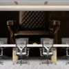 High-end barber chair with quilted leather texture and metal accents||