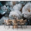Close-up of white flowers surrounded by crystal-like elements in an abstract arrangement.