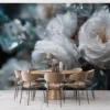Close-up of white flowers surrounded by crystal-like elements in an abstract arrangement.||