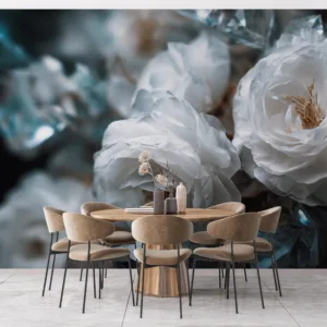 Close-up of white flowers surrounded by crystal-like elements in an abstract arrangement.||