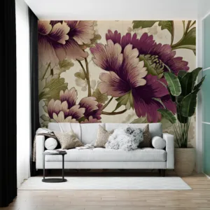 Elegant floral wallpaper mural in purple|cream|and green.