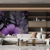 Elegant floral pattern mural with purple flowers and dark leaves.||